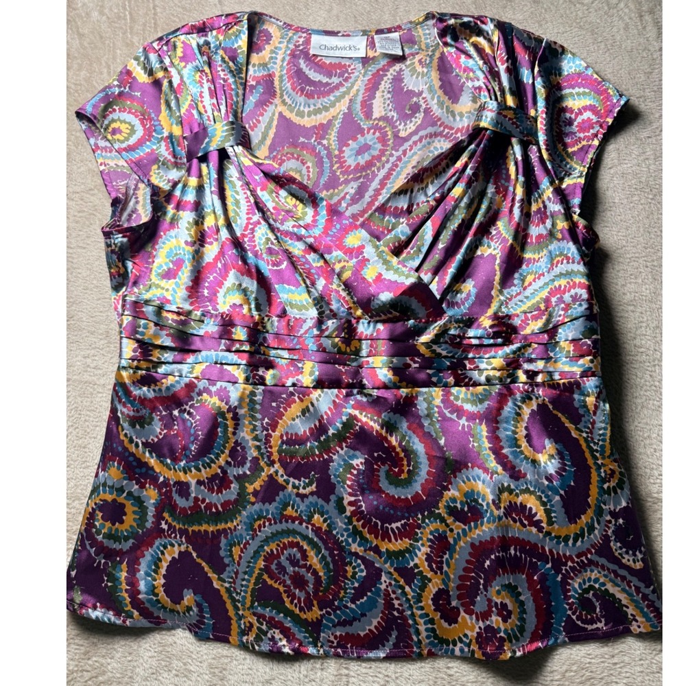 Chadwicks Womens 16P Purple Paisley Satin Cap Sleeve Babydoll Top Boho